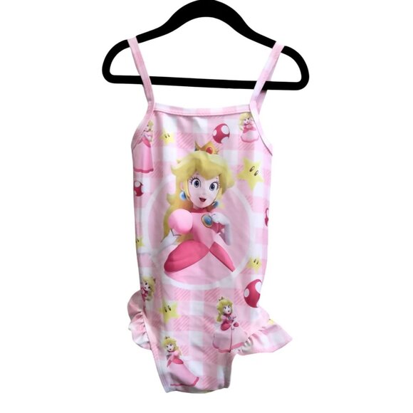 Princess Peach Girls One-Piece Ruffle Swimsuit Matching Swim Cap Size 100 (3T) - Picture 3 of 6